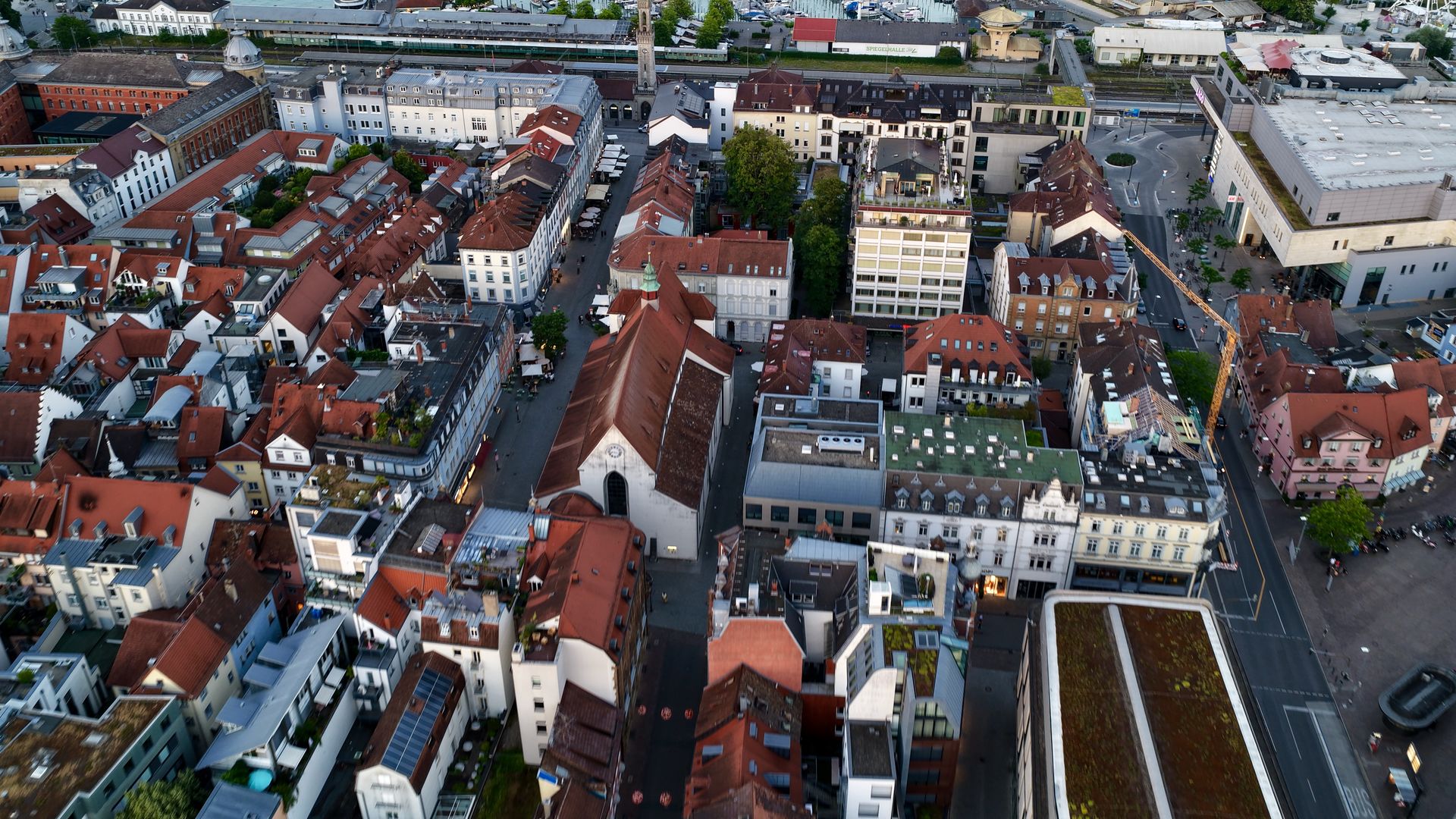 Drone perspective of the practice building in Konstanz old town