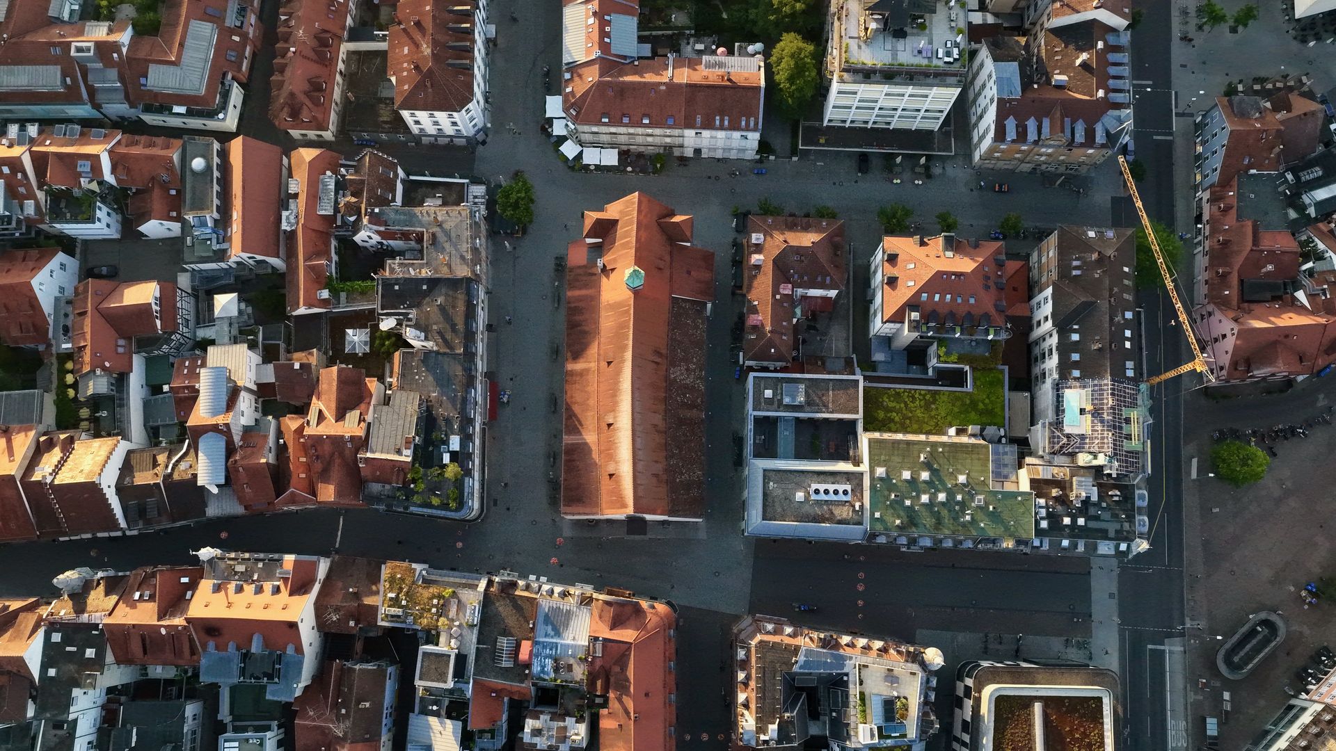 Drone perspective above the rooftops of Konstanz
